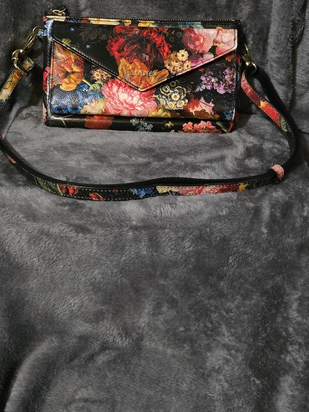 Lodis Black Floral Envelope Crossbody Bag with Multicolor Flowers